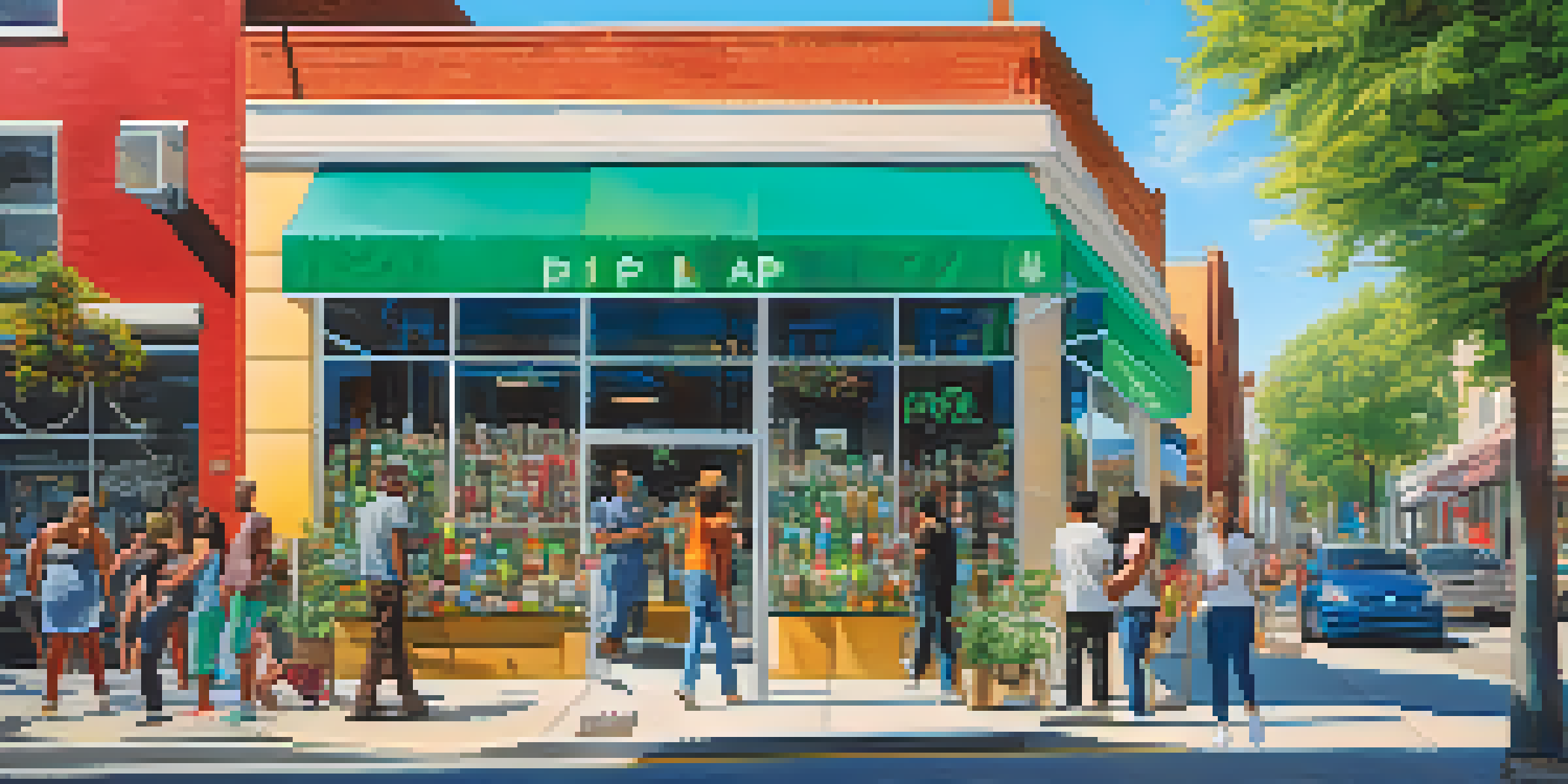 A lively city street with a contemporary marijuana dispensary, greenery, diverse people, and colorful art under a clear sky.