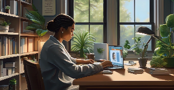A person in a cozy home office engaged in a telehealth consultation on a laptop, surrounded by plants and medical books.