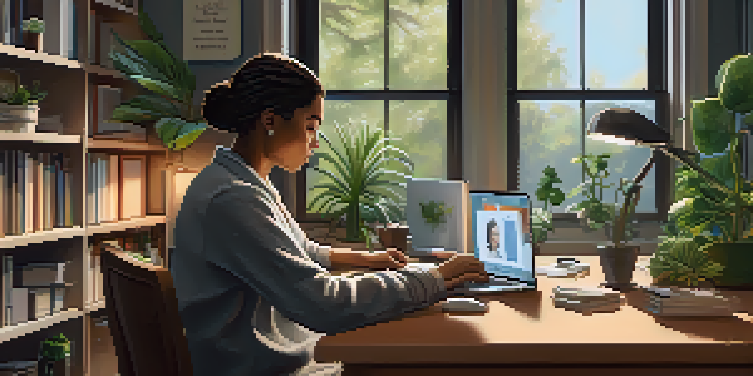A person in a cozy home office engaged in a telehealth consultation on a laptop, surrounded by plants and medical books.