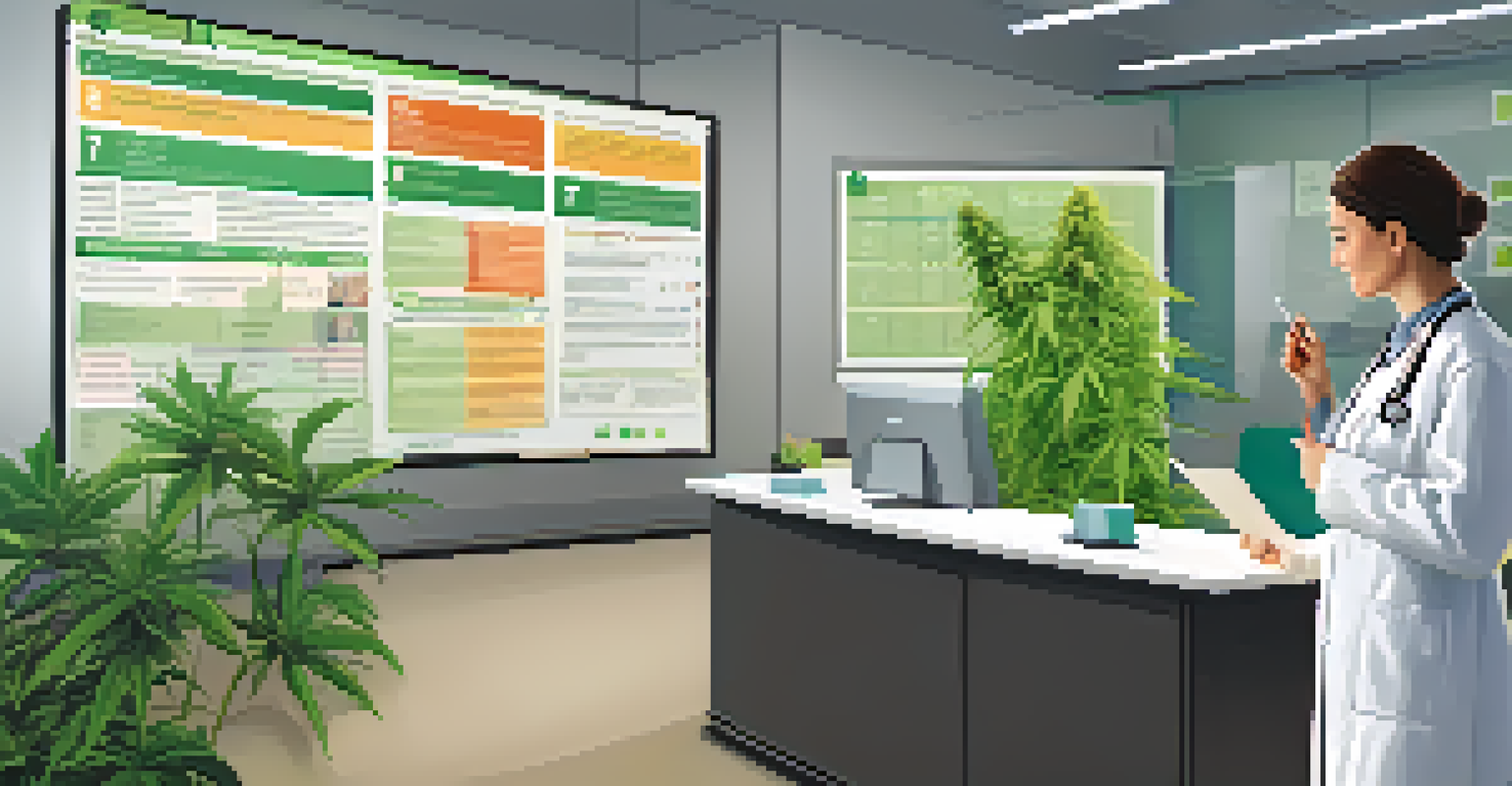 A doctor explaining cannabis options to a patient in a modern healthcare office, with educational charts in the background.