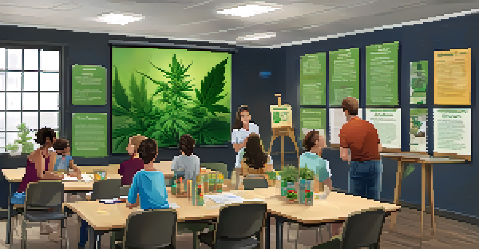 A family participating in an educational workshop about cannabis, with an instructor and informative materials in a supportive atmosphere.