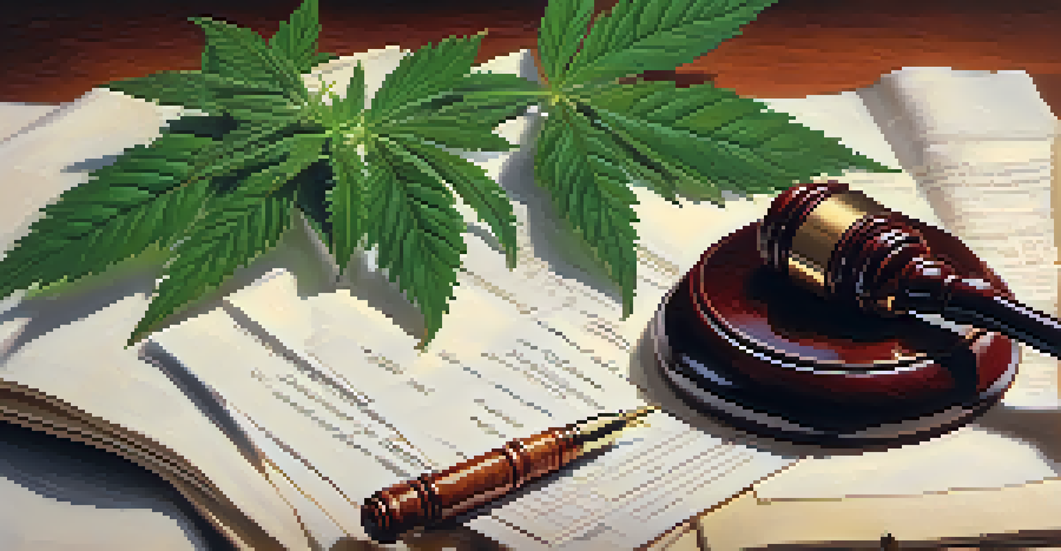 A gavel and legal documents next to cannabis leaves, representing the legal aspects of the cannabis industry.
