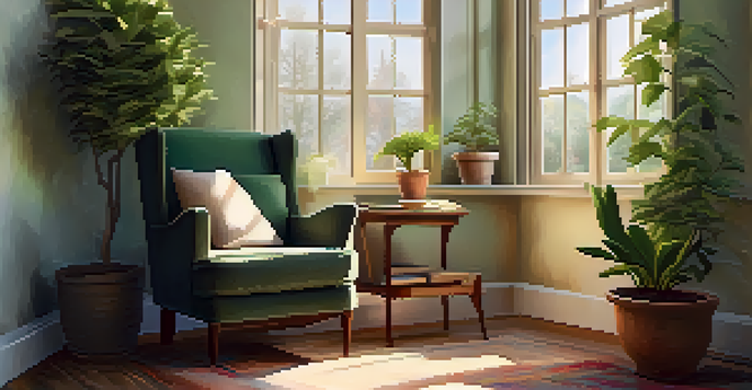 A cozy reading nook with a comfortable armchair, a steaming cup of tea, and an open book by a large window with gentle sunlight.
