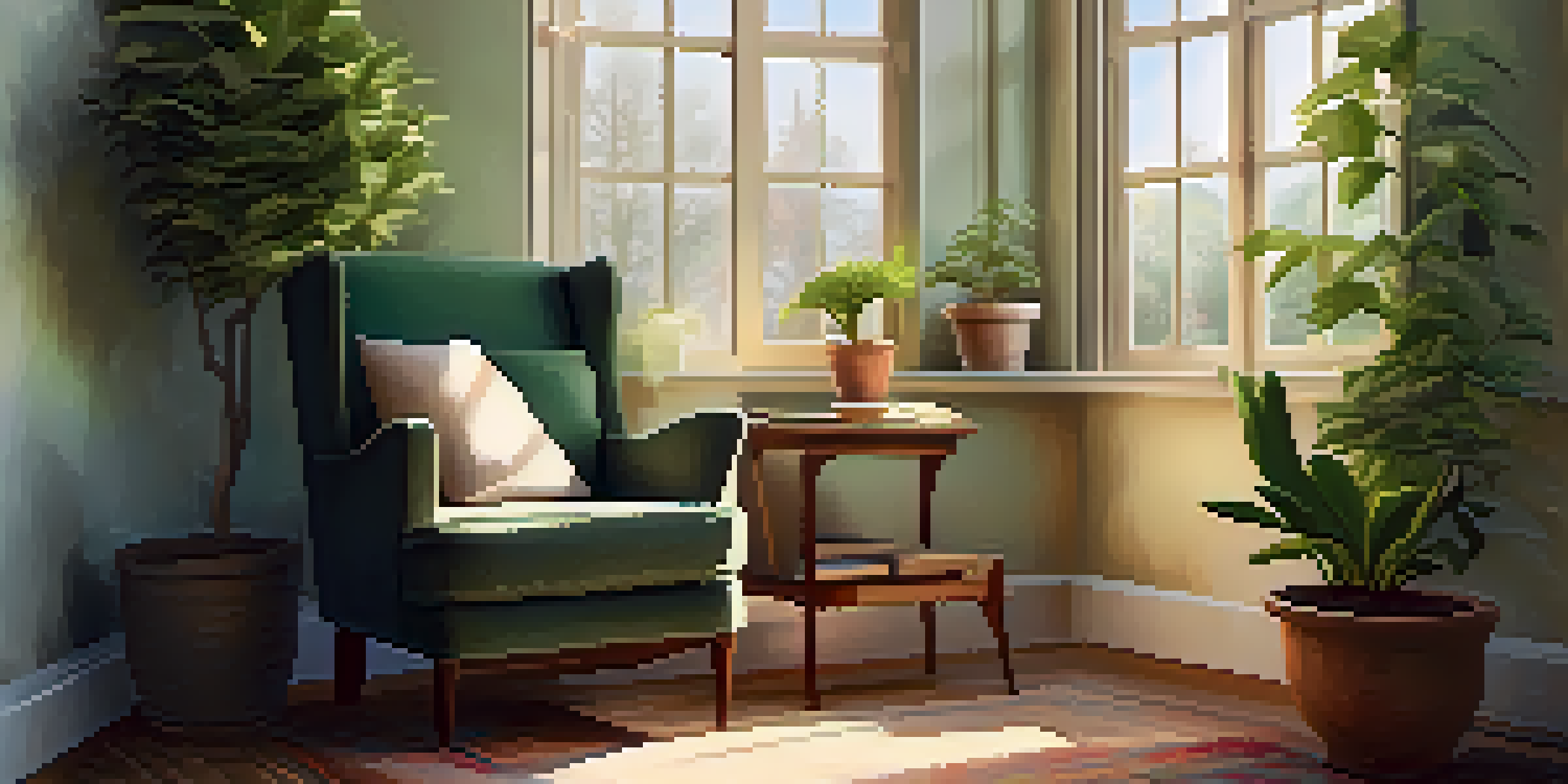 A cozy reading nook with a comfortable armchair, a steaming cup of tea, and an open book by a large window with gentle sunlight.