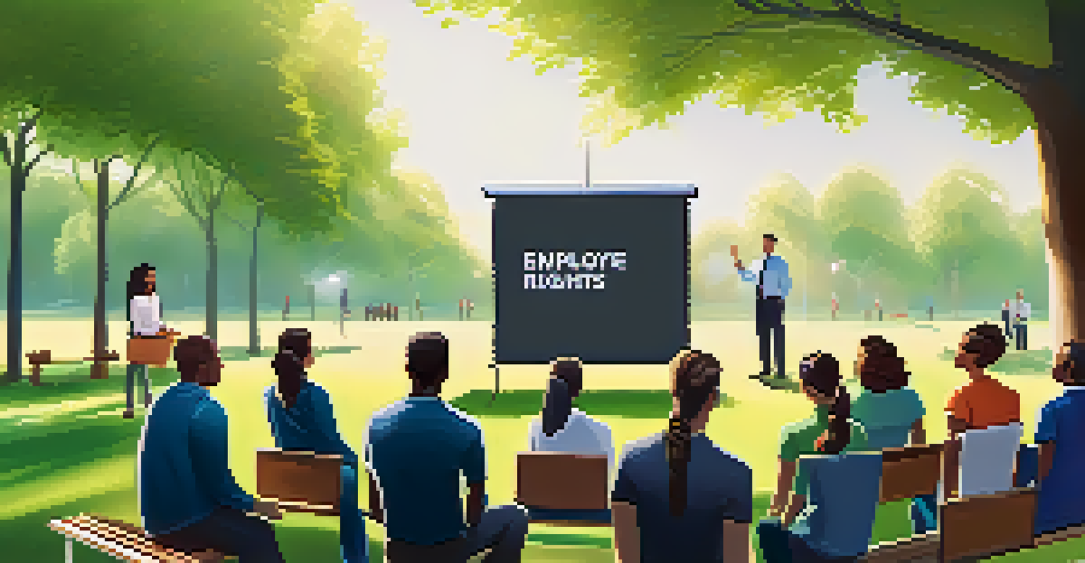 An outdoor training session for employees on employee rights regarding marijuana use, with a speaker and a whiteboard.