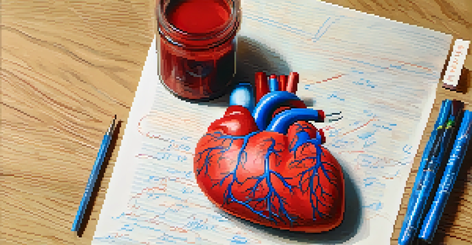 A close-up image of a heart model on a wooden table, with a notepad in the background discussing antiarrhythmic drugs.