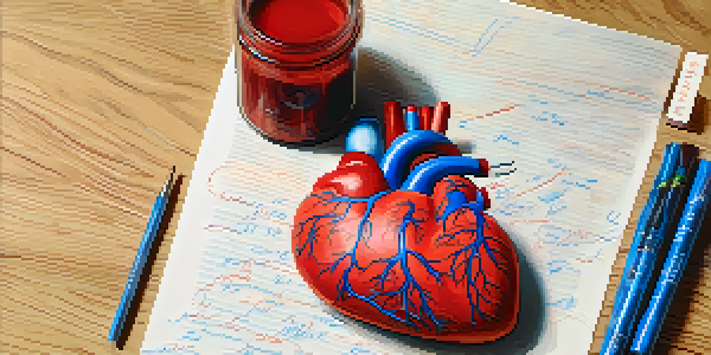 A close-up image of a heart model on a wooden table, with a notepad in the background discussing antiarrhythmic drugs.