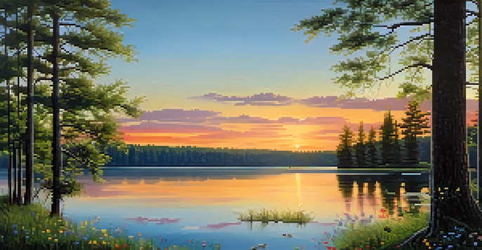 A peaceful sunset over a lake, with colorful skies and trees surrounding the water.