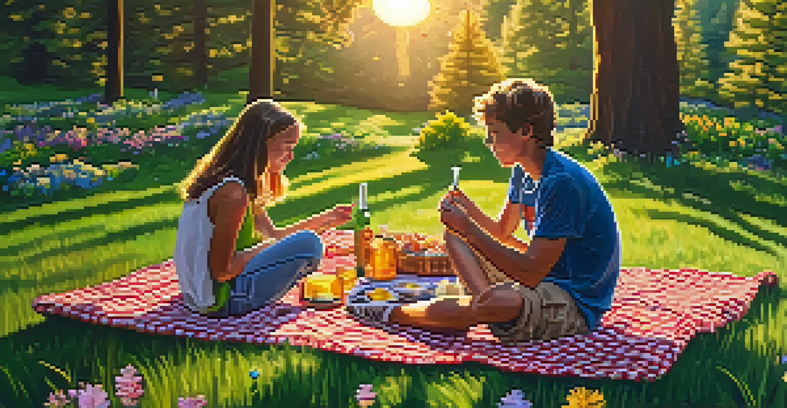 Two siblings sharing a cannabis joint on a picnic blanket in a sunny park surrounded by nature.