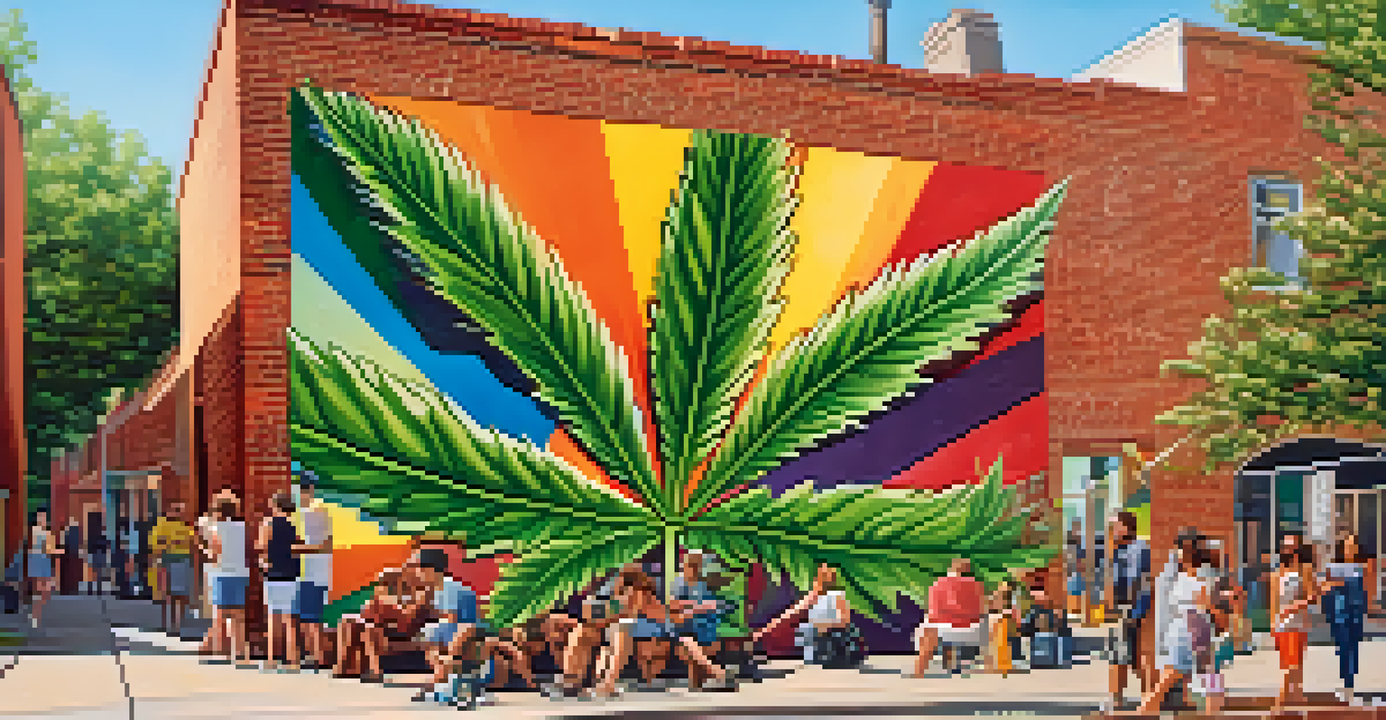 An urban street with a colorful mural of cannabis leaves on a brick wall, with people in a park enjoying the sunshine.