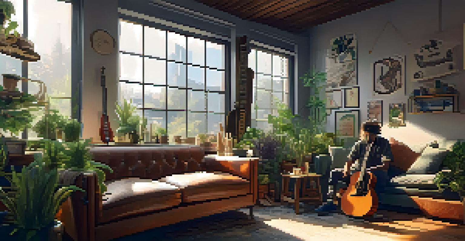 A musician in a cozy studio setting, playing guitar on a vintage couch, with cannabis products on a table, surrounded by musical instruments and plants.