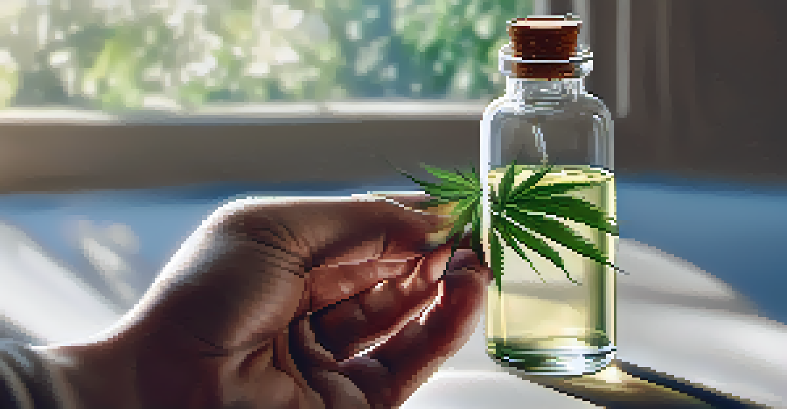 A hand holding a bottle of CBD oil with a soft fabric background and sunlight streaming in.