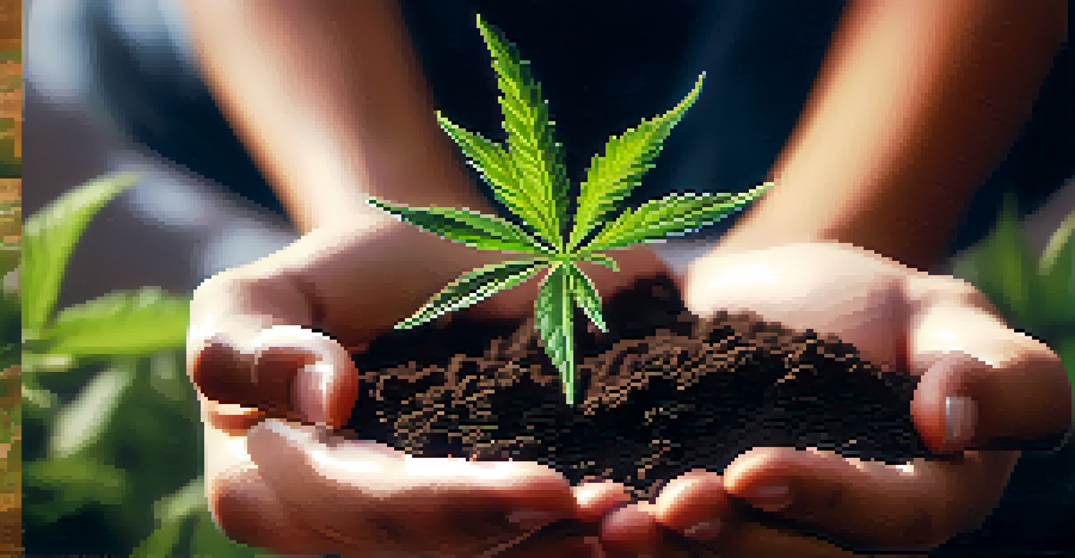 Close-up of diverse hands holding a small cannabis plant in soil, symbolizing growth and opportunity in the cannabis industry.
