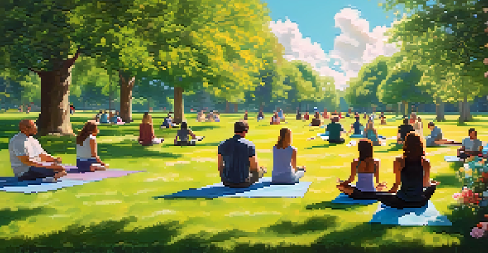 A diverse group of people enjoying a sunny day in a park, featuring yoga, picnics, and dog walking under a blue sky.