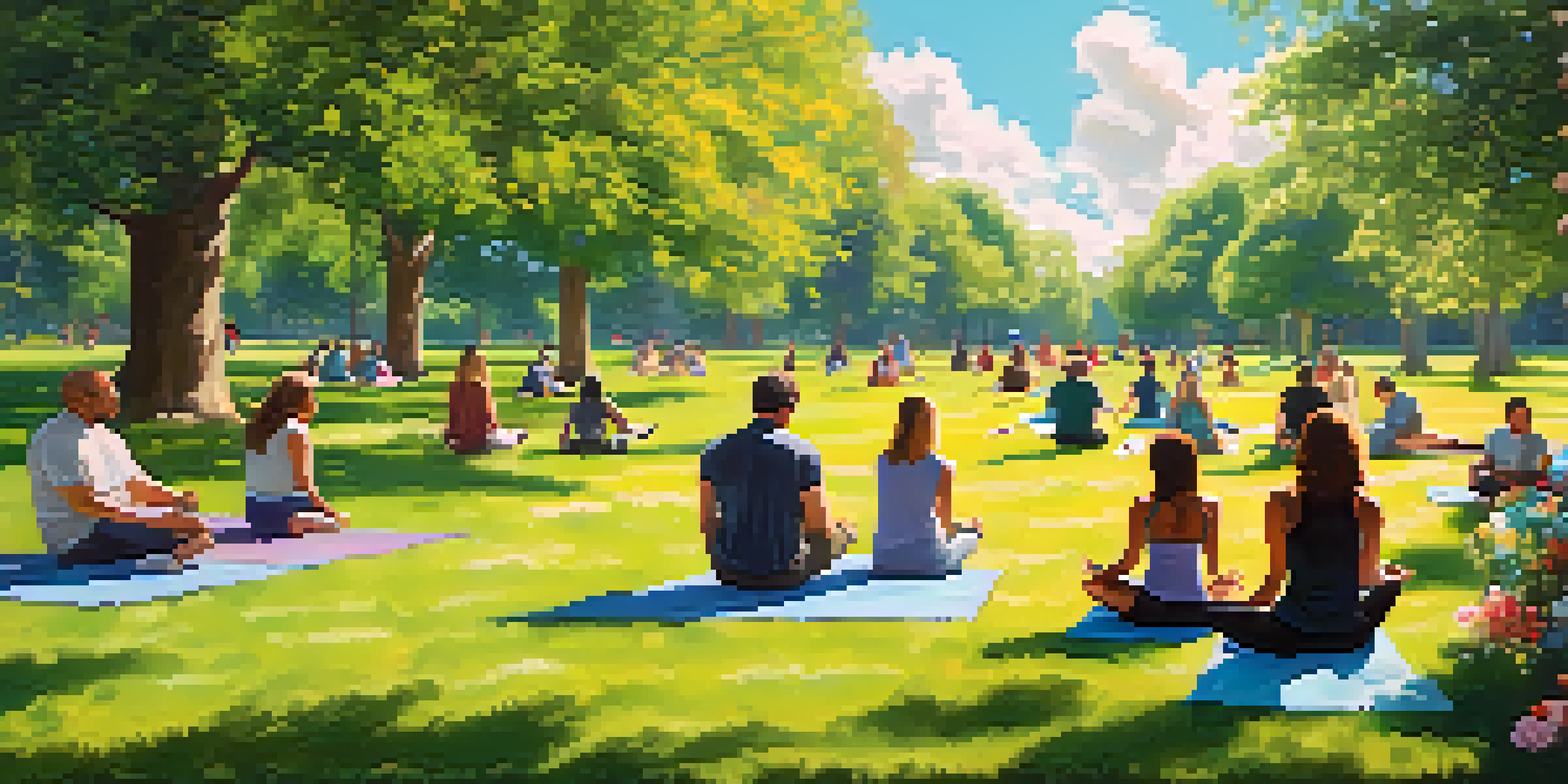 A diverse group of people enjoying a sunny day in a park, featuring yoga, picnics, and dog walking under a blue sky.