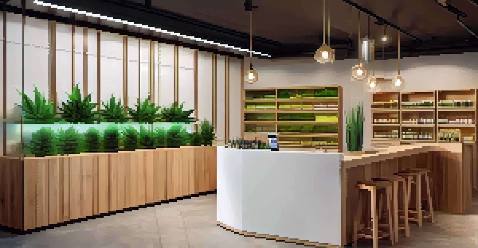 A modern cannabis dispensary interior with wooden shelves displaying products and a staff member assisting customers.