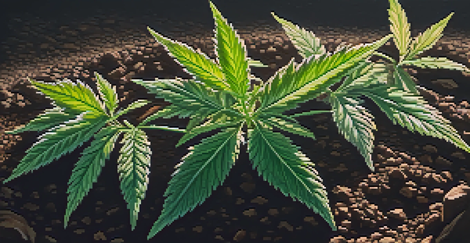A close-up of a healthy cannabis plant with roots visible in dark soil, illuminated by sunlight.