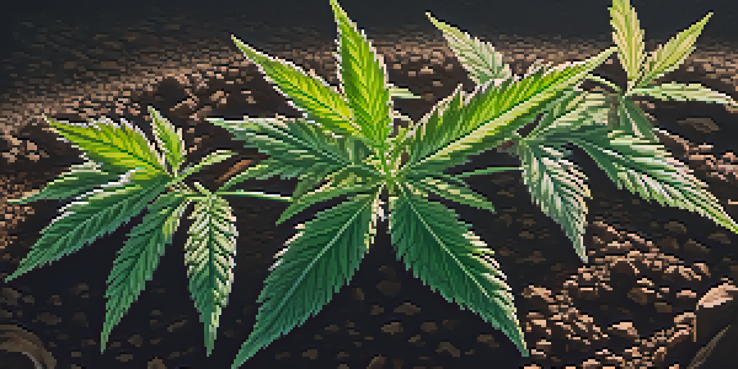 A close-up of a healthy cannabis plant with roots visible in dark soil, illuminated by sunlight.