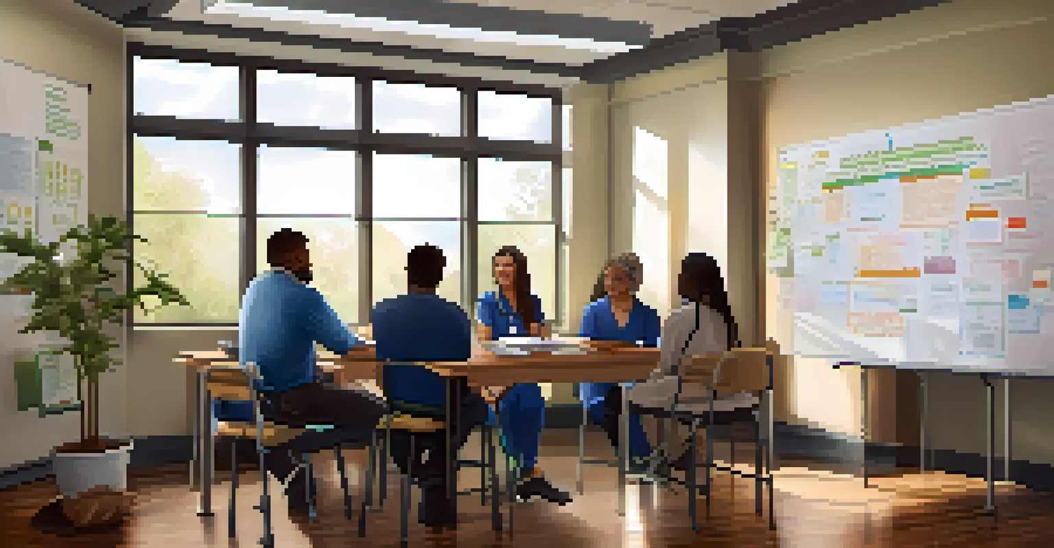 Healthcare providers collaborating in a community center room about patient education on medical marijuana, with notes on a whiteboard.