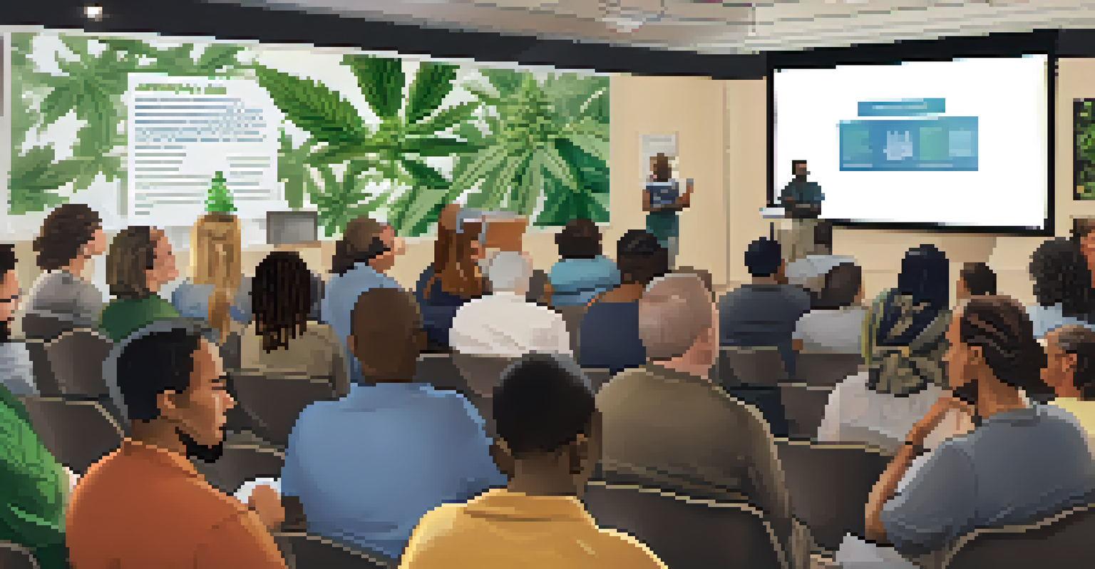 An educational workshop where a diverse audience listens to a speaker about medical marijuana access.