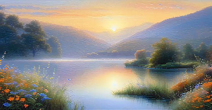 A peaceful sunrise over a tranquil lake, with mist rising and colorful wildflowers in the foreground.