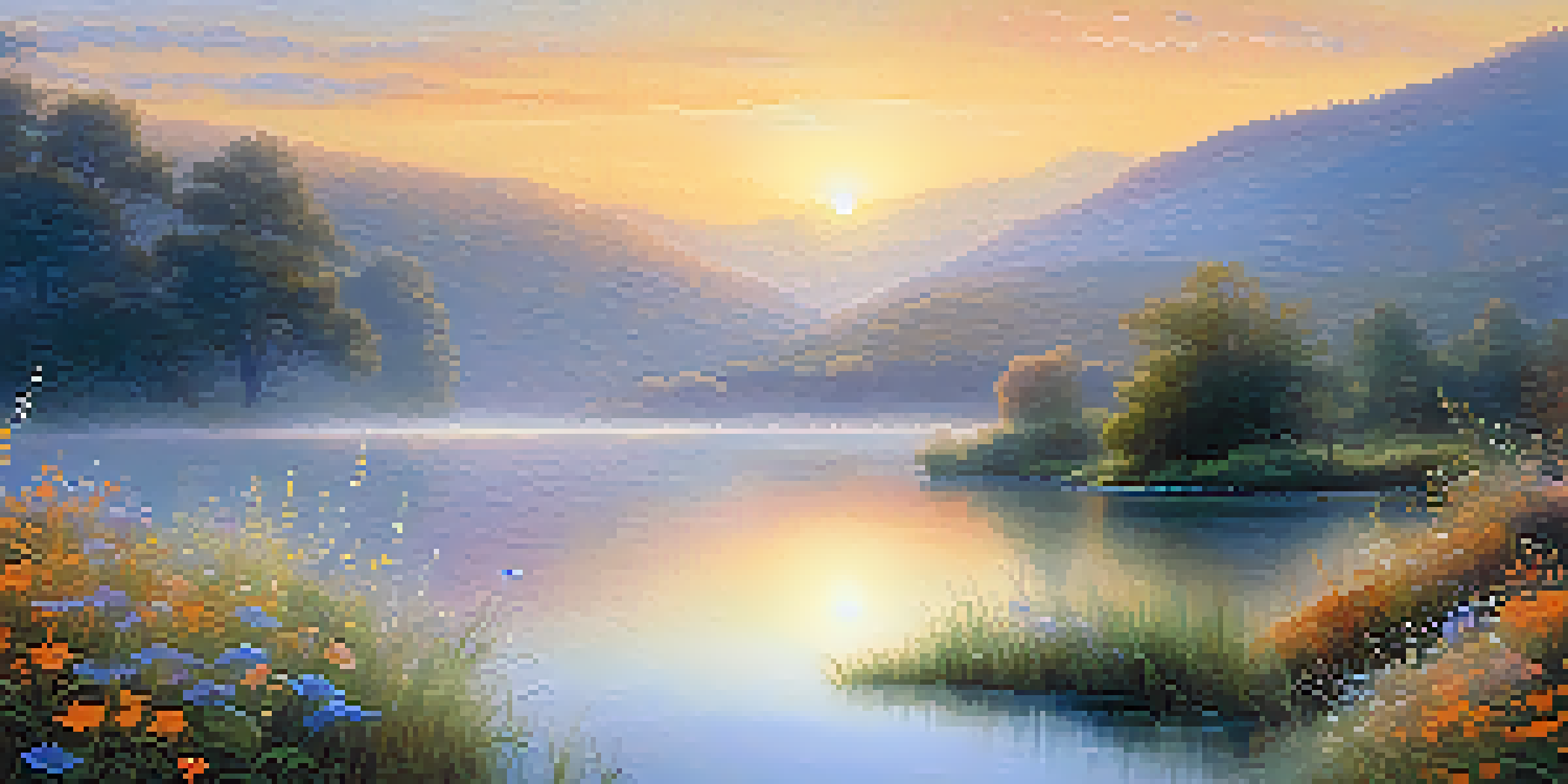 A peaceful sunrise over a tranquil lake, with mist rising and colorful wildflowers in the foreground.