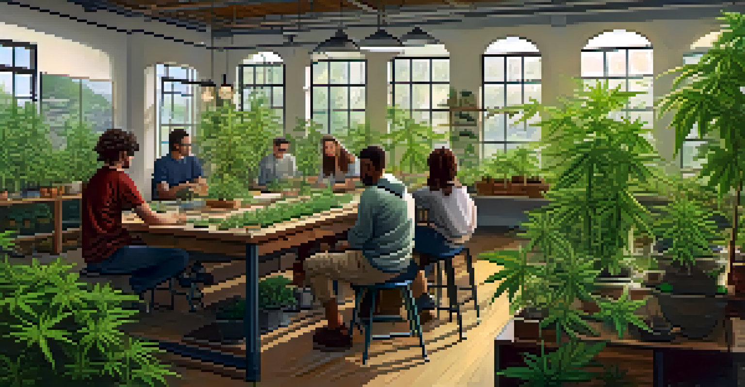 A diverse group of people attending a workshop on cannabis cultivation, with plants and educational materials around.