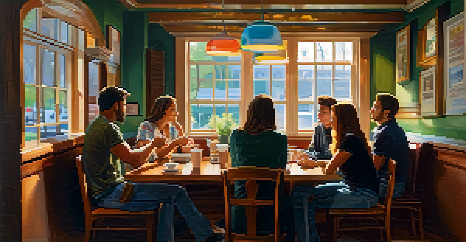 A group of friends in a cozy coffee shop discussing peer pressure and choices over cups of coffee, in a warm and inviting atmosphere.