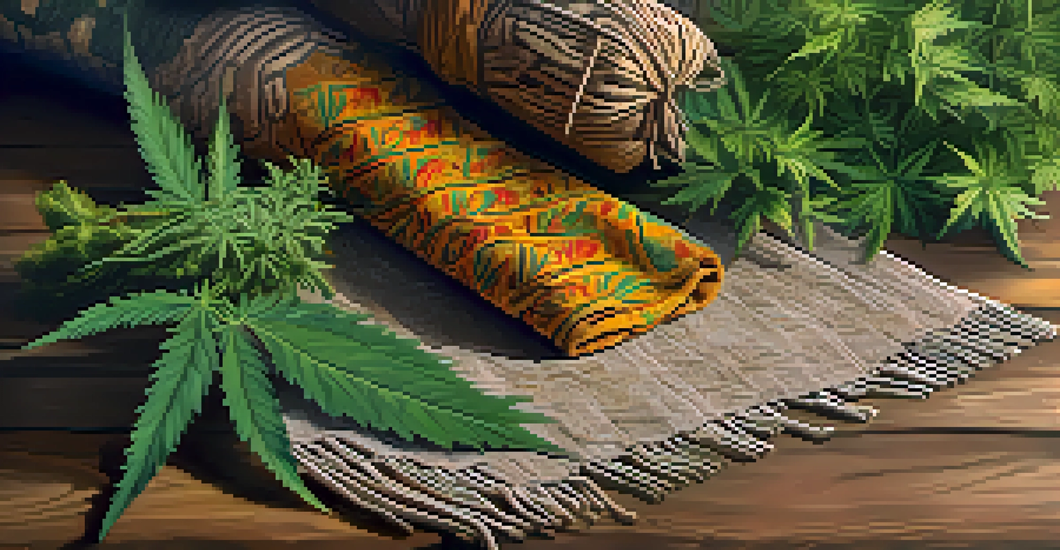 A close-up of a traditional Indigenous medicine bundle with cannabis, wrapped in a handwoven cloth on a rustic wooden table.