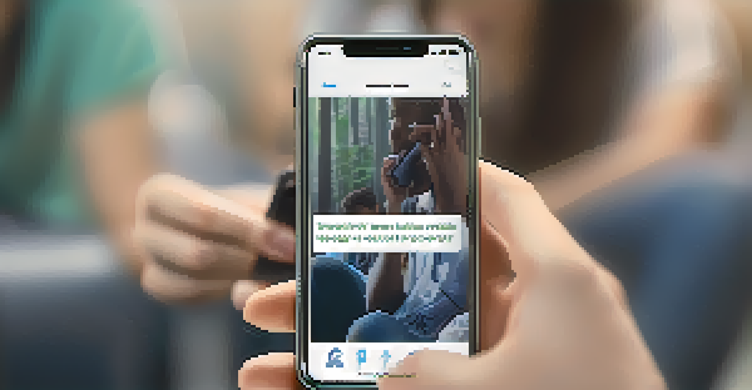 A close-up of a young person's hands scrolling through an online support group on a smartphone.