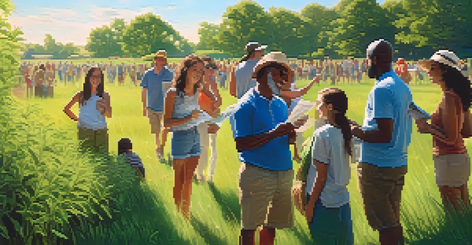 A community gathering in a green field with people discussing responsible marijuana use, surrounded by pamphlets and a clear sky.