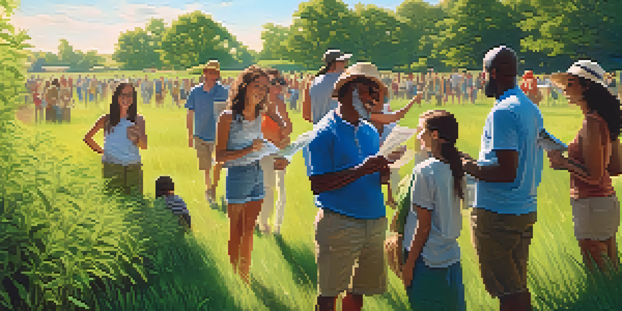 A community gathering in a green field with people discussing responsible marijuana use, surrounded by pamphlets and a clear sky.