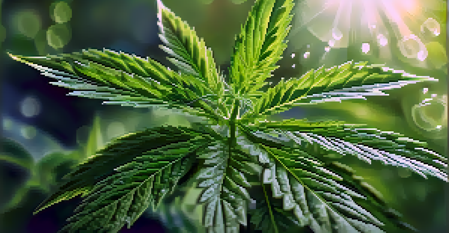 A detailed close-up of a cannabis plant with dew on its leaves in soft morning light.