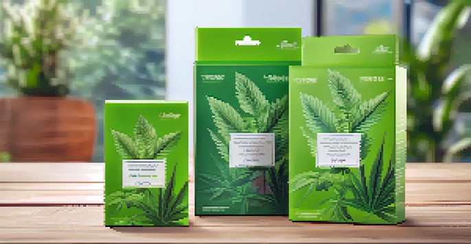 A colorful marijuana product packaging on a wooden table surrounded by green plants, showcasing its eco-friendly and safety features.