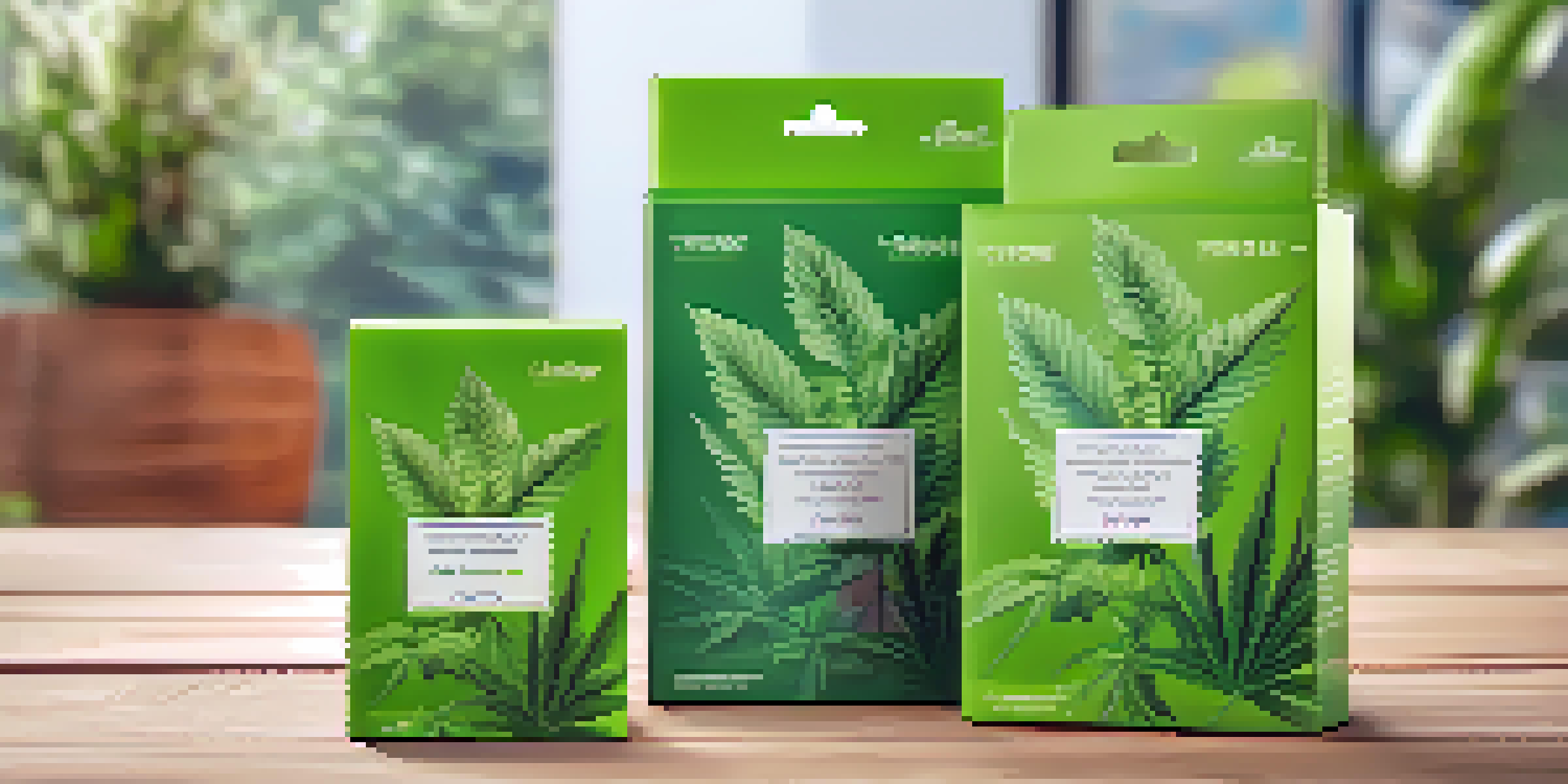 A colorful marijuana product packaging on a wooden table surrounded by green plants, showcasing its eco-friendly and safety features.