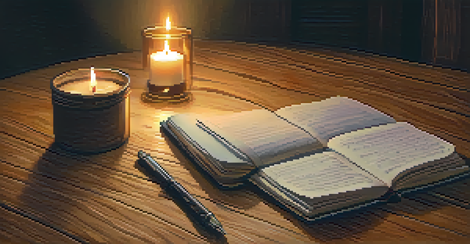 A journal and pen on a wooden table with a candle, showcasing handwritten notes and sketches in warm lighting.