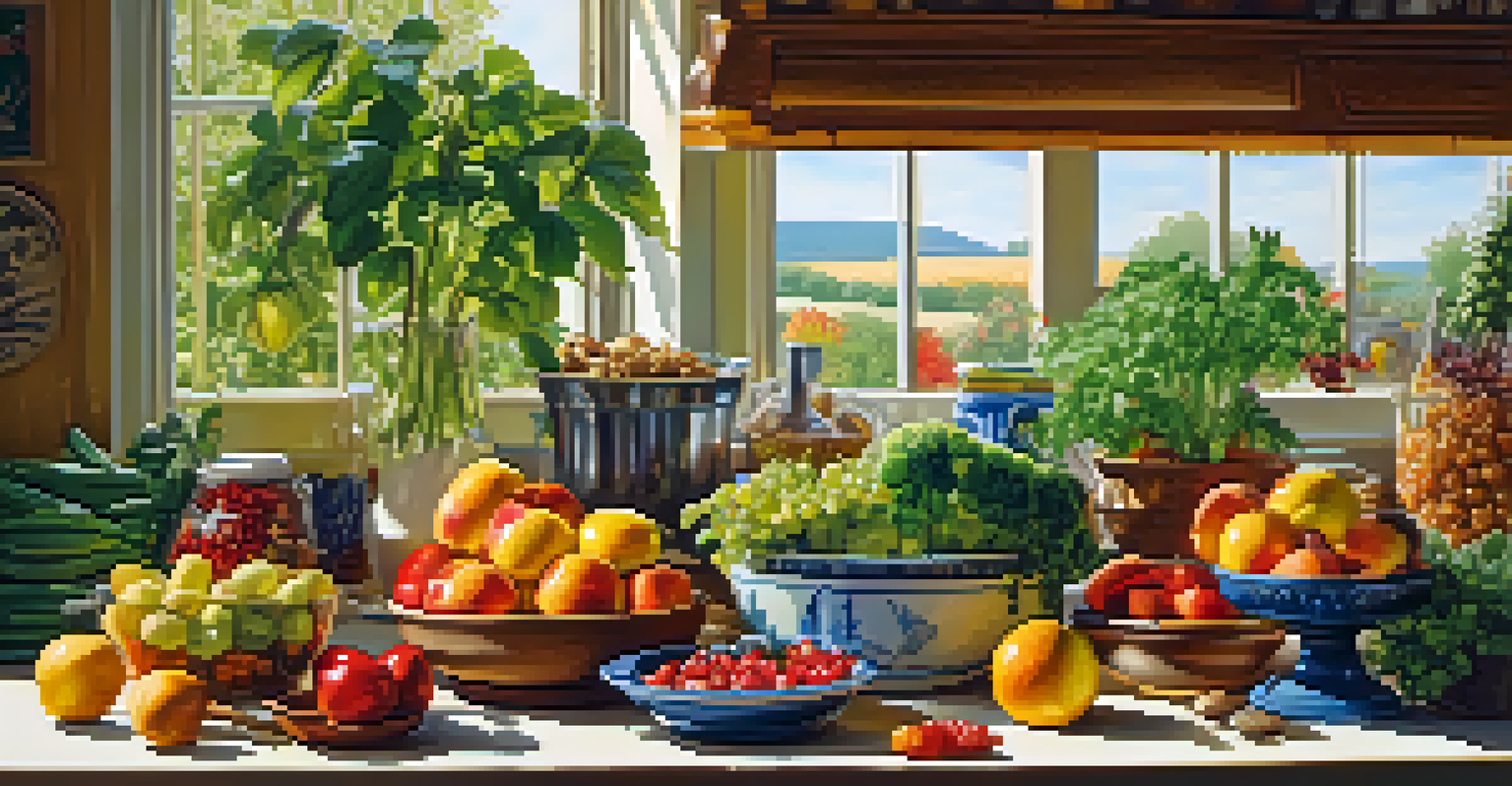 A bright kitchen with a wooden table displaying a variety of colorful healthy foods, illuminated by sunlight.