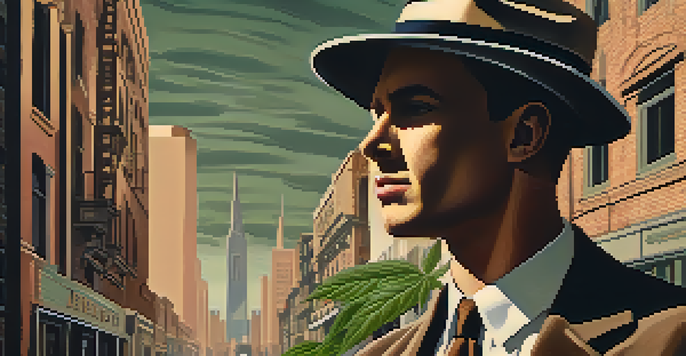 A vintage propaganda poster showing a serious figure holding a marijuana plant, with a dark and muted urban background from the 1930s.