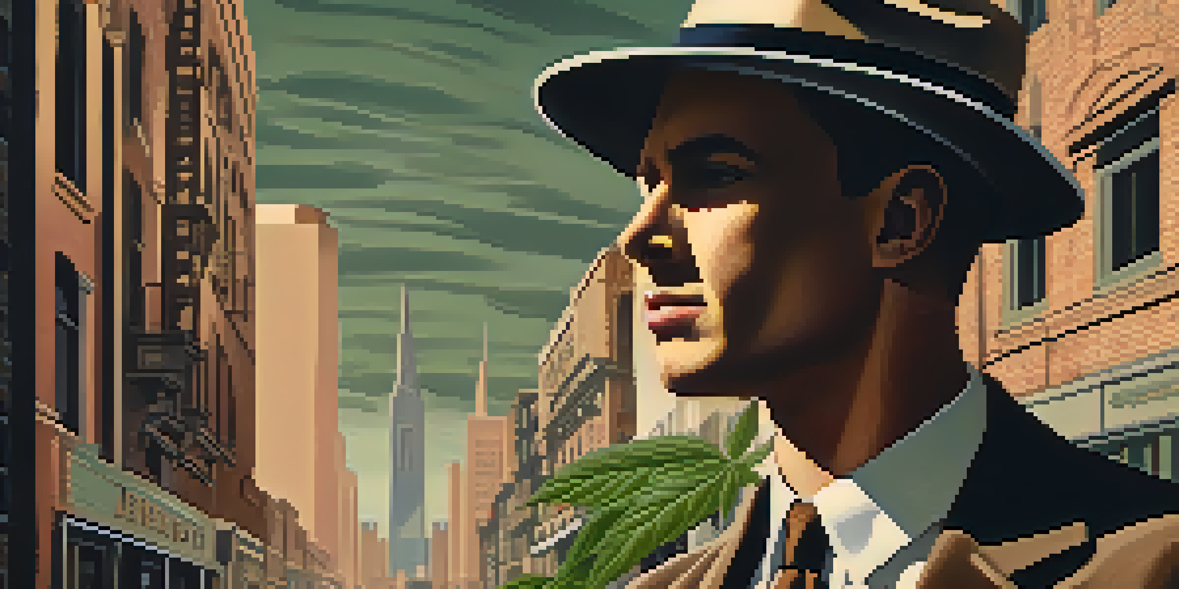 A vintage propaganda poster showing a serious figure holding a marijuana plant, with a dark and muted urban background from the 1930s.