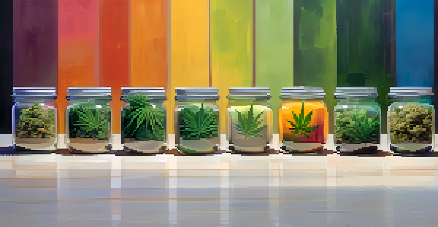 A selection of cannabis strains displayed in colorful jars on a wooden table.