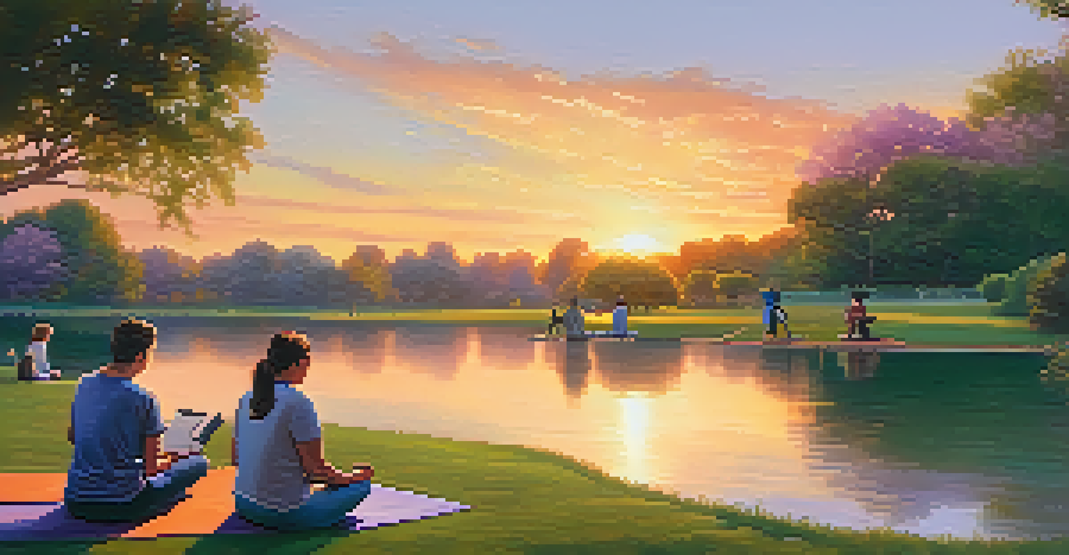 A peaceful park scene at sunset with diverse people reading, walking dogs, and practicing yoga, surrounded by trees and flowers.