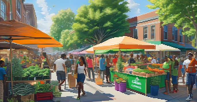 A community market with colorful stalls selling cannabis products and people engaging in a lively setting.