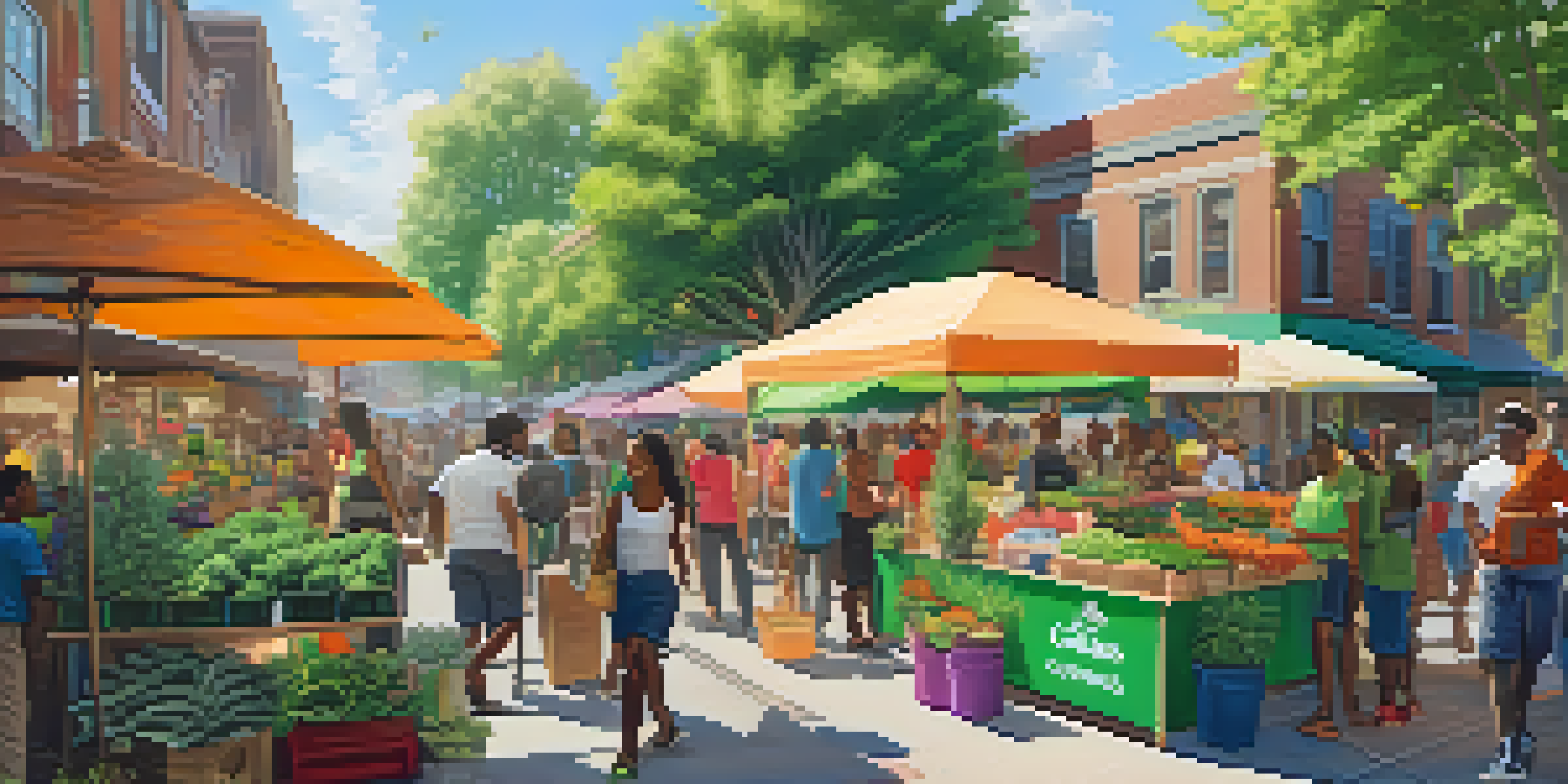A community market with colorful stalls selling cannabis products and people engaging in a lively setting.