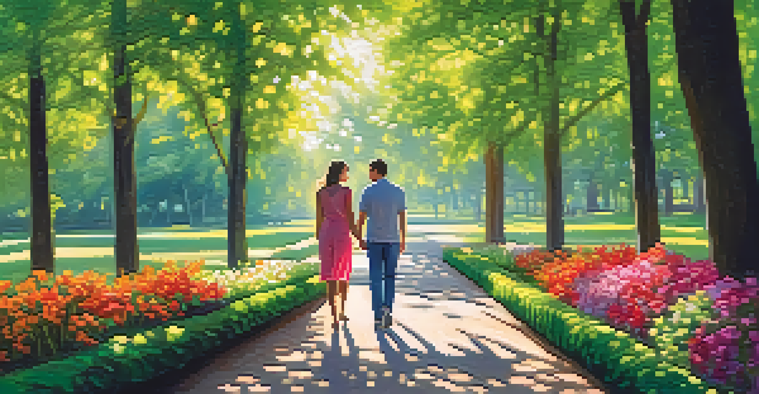 A couple walking hand in hand in a beautiful park, with sunlight filtering through the trees and blooming flowers along the path.