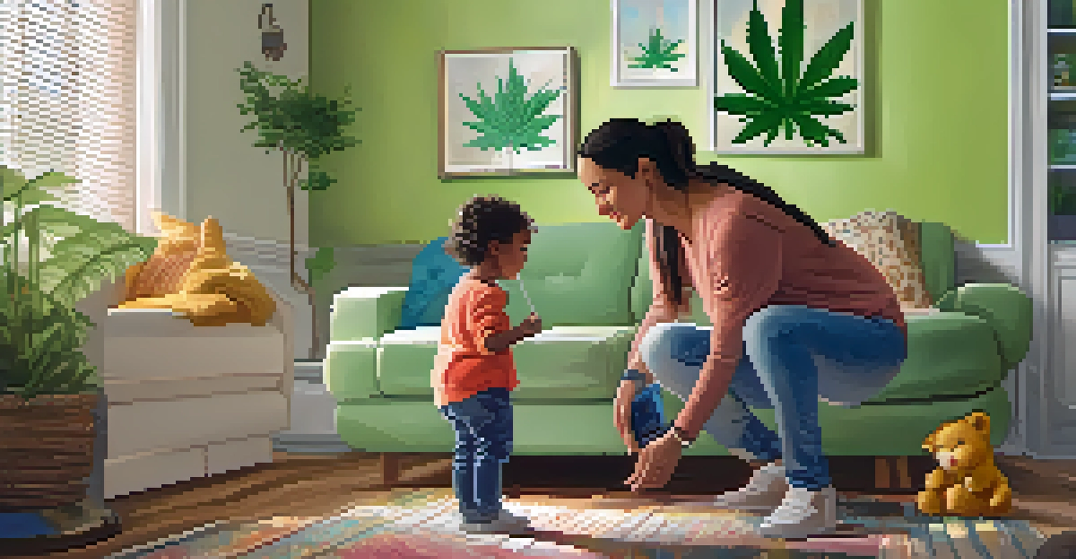 A parent talking to their child about marijuana in a bright living room, engaging in an educational conversation.