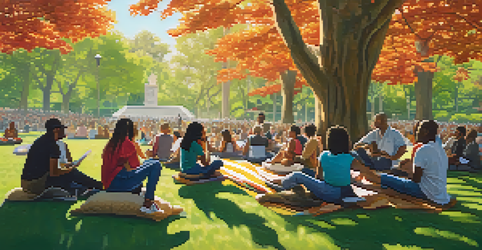 A diverse group of people having a discussion about drug policy reform in an outdoor park, surrounded by trees and colorful banners.