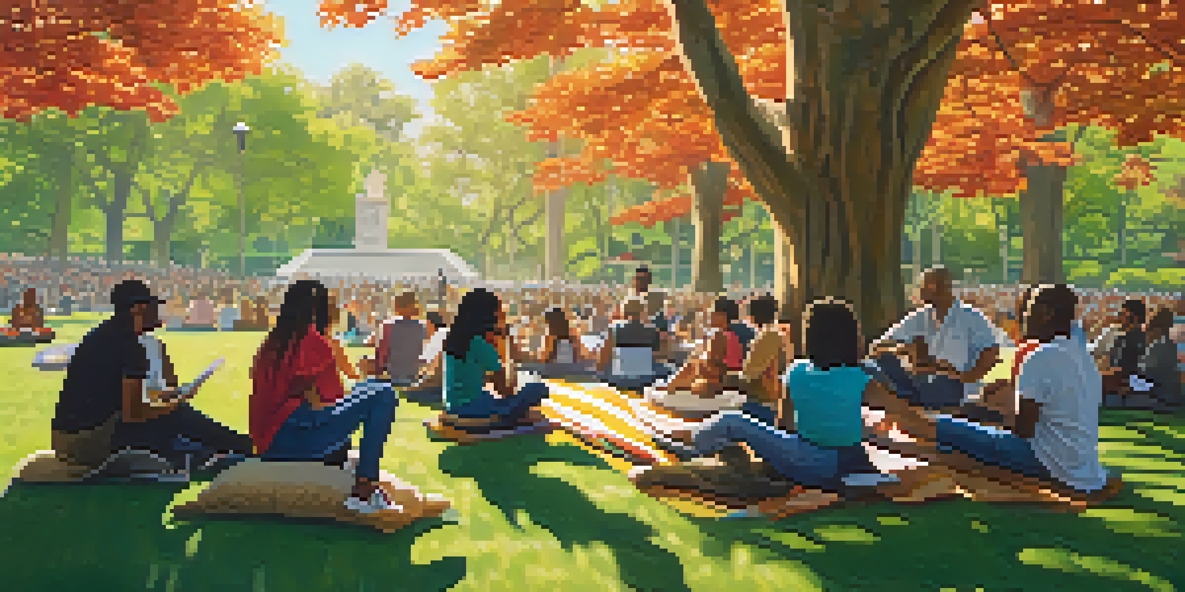 A diverse group of people having a discussion about drug policy reform in an outdoor park, surrounded by trees and colorful banners.