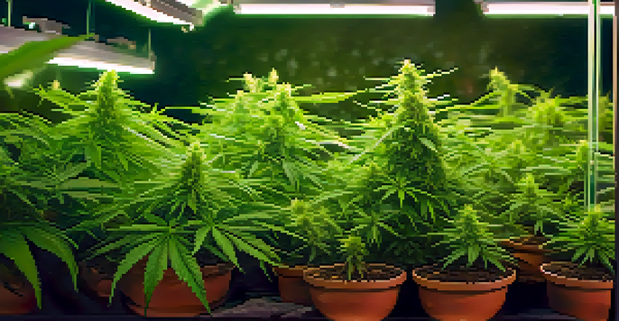 Close-up view of healthy indoor marijuana plants illuminated by LED grow lights, highlighting vibrant green leaves and stems.