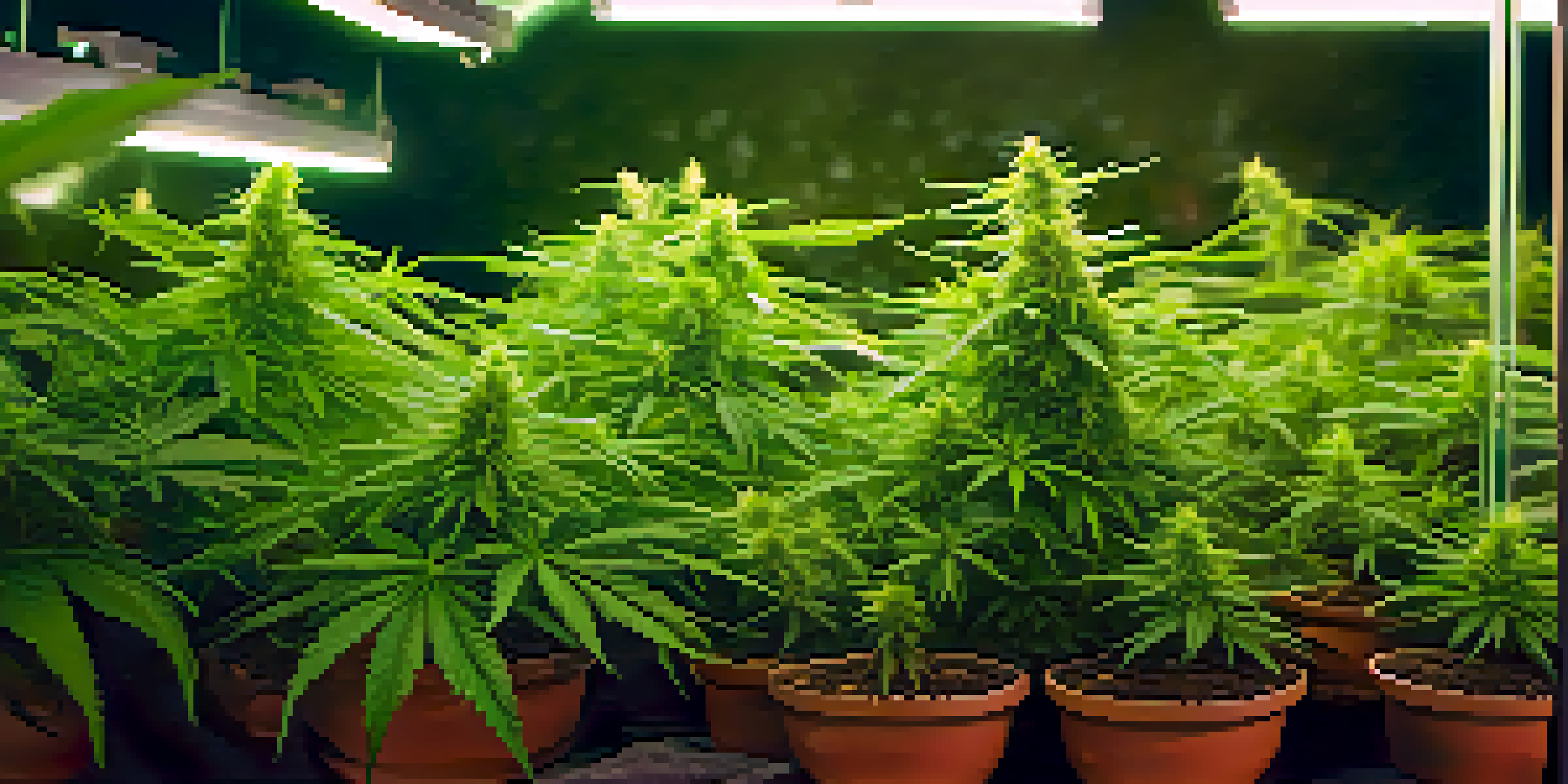 Close-up view of healthy indoor marijuana plants illuminated by LED grow lights, highlighting vibrant green leaves and stems.