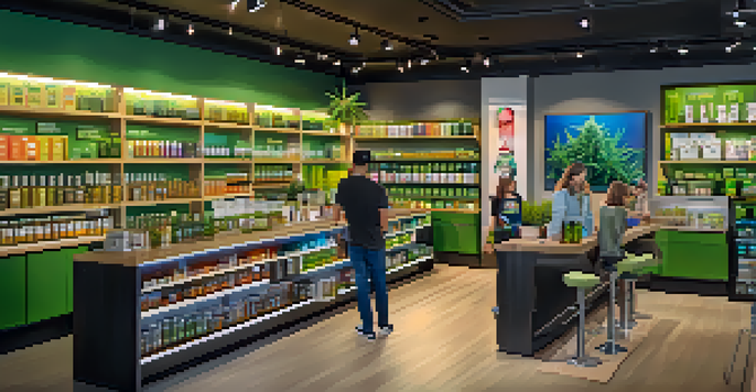 A busy cannabis dispensary with colorful products, warm lighting, and customers engaging with staff.